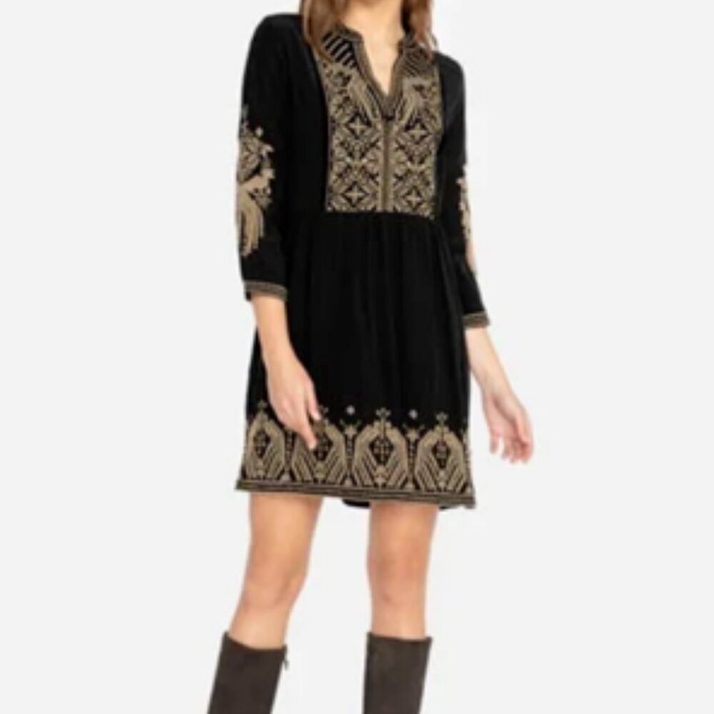 Johnny Was 100% Silk Embroidered Dress Black/Tan Himmel Boho Tunic Dress Medium